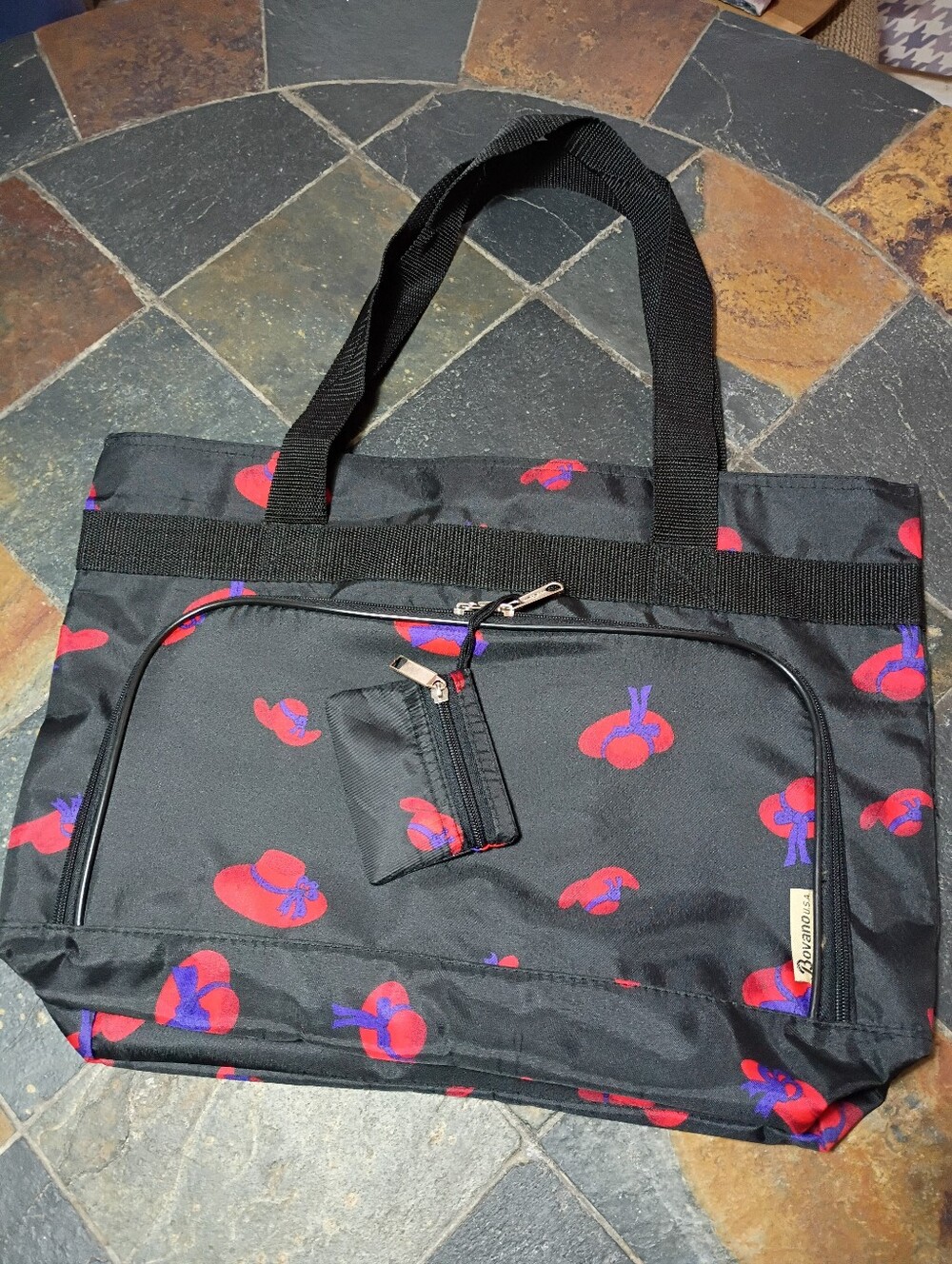 Black Tote with Red and Purple Hat Print